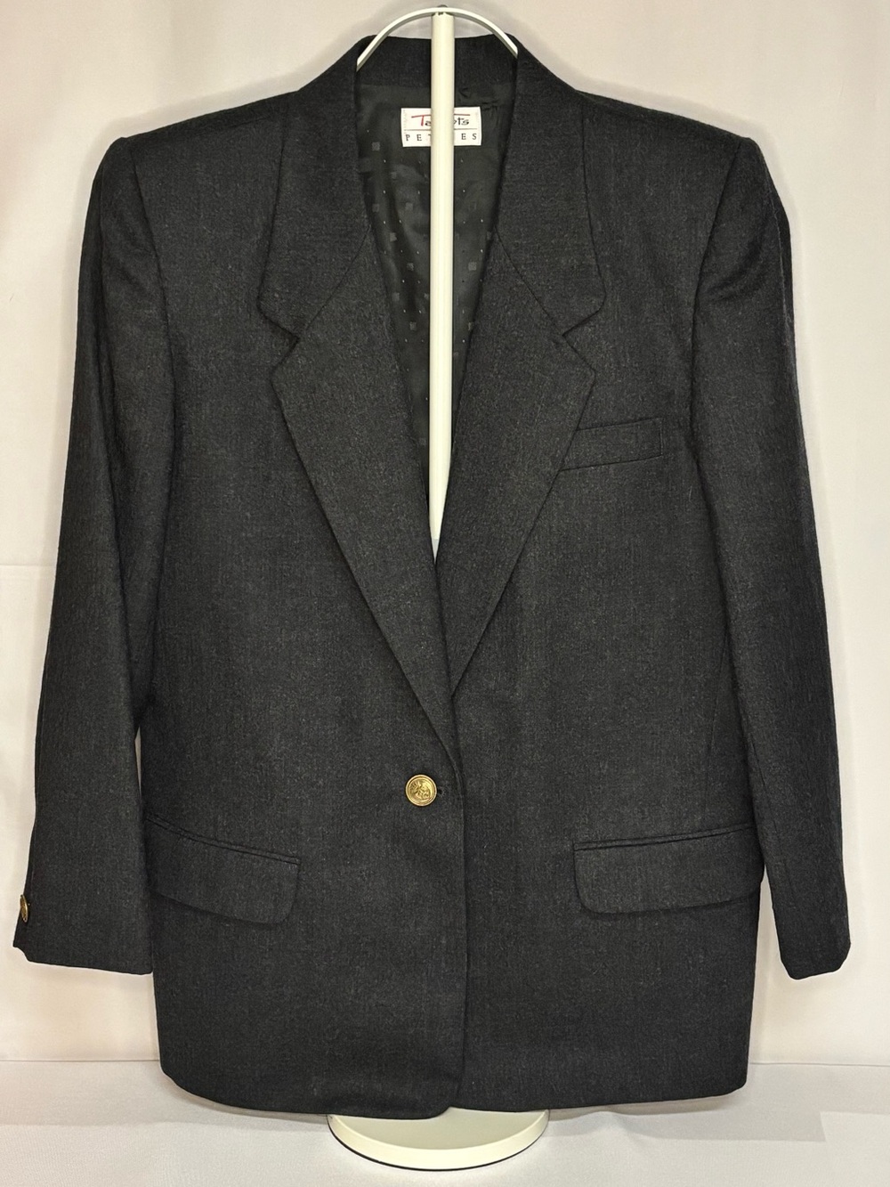 Vtg 90s Talbots Petites Wool Blazer Jacket 14P Charcoal Gray Gold Crest Button